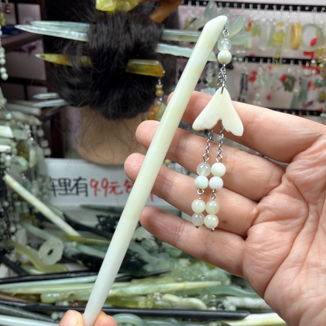 蛇纹石玉未镶嵌发饰长度17厘米左右