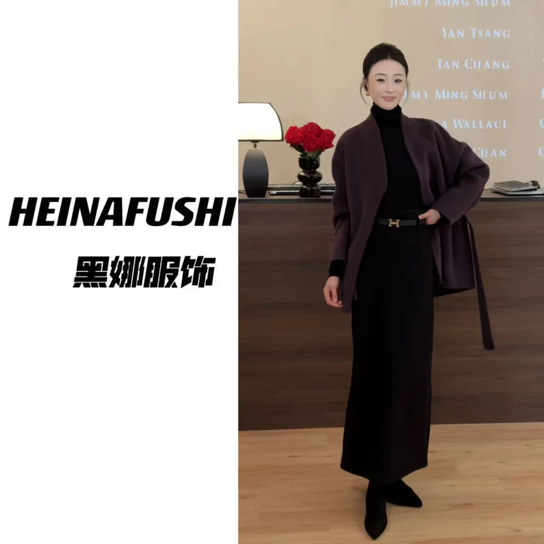 HEINA高腰显瘦开叉毛呢包臀半身裙766-1