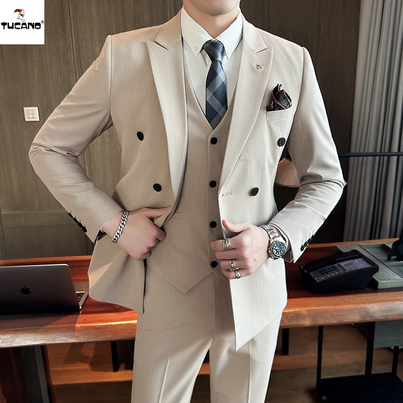 啄木鸟西装男套装商务正装韩版修身双排扣西服三件套新郎结婚礼服