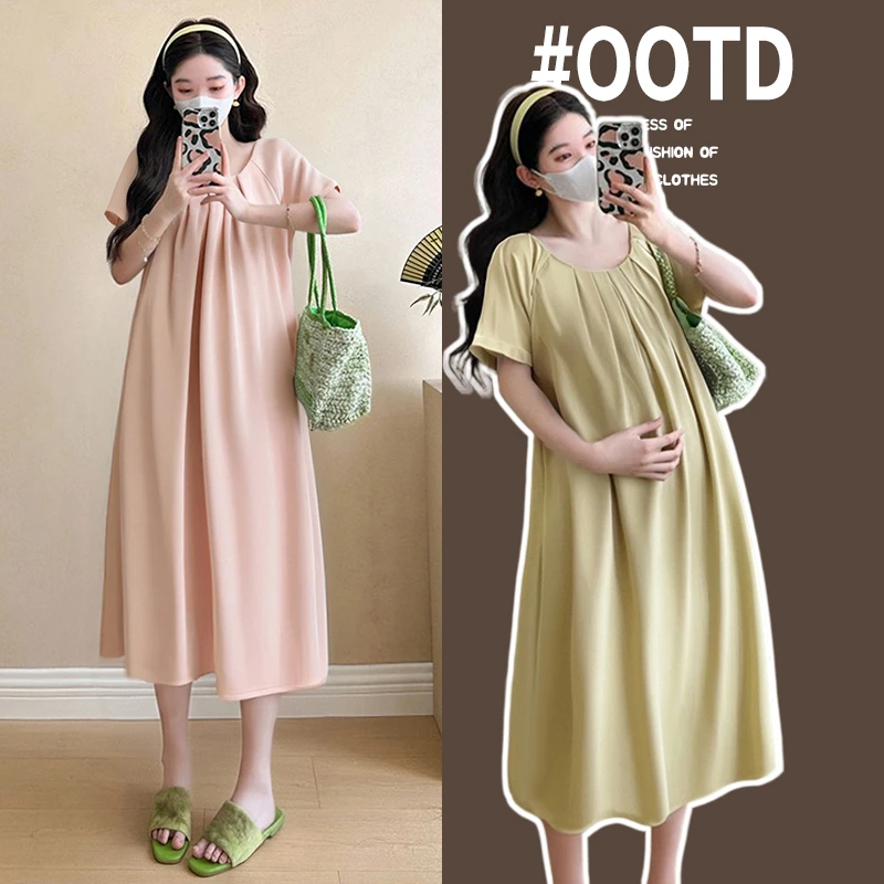 孕妇装夏季新款韩版中长裙宽松显瘦休闲百搭款潮流大码孕妇连衣裙