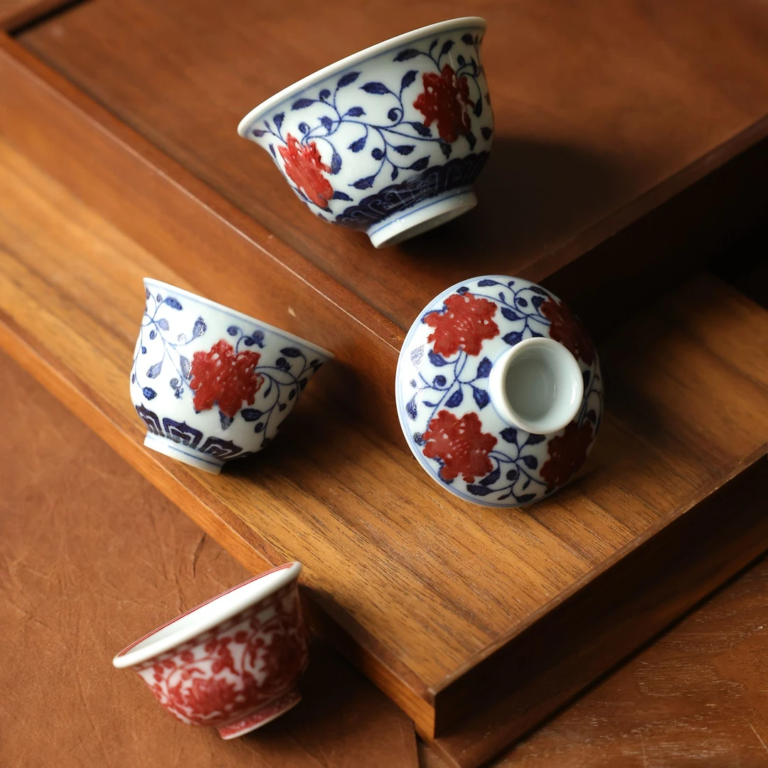 茶圈大魔王茶器景德镇手绘怀宣临古青花釉里红缠枝莲主人杯/盖碗