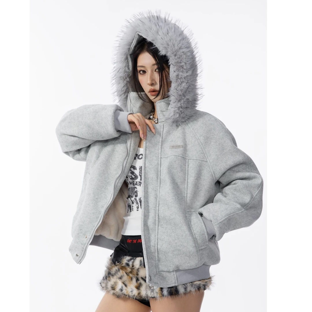 HSNH【毛呢加厚连帽座山雕】冬季毛领加绒保暖棉服