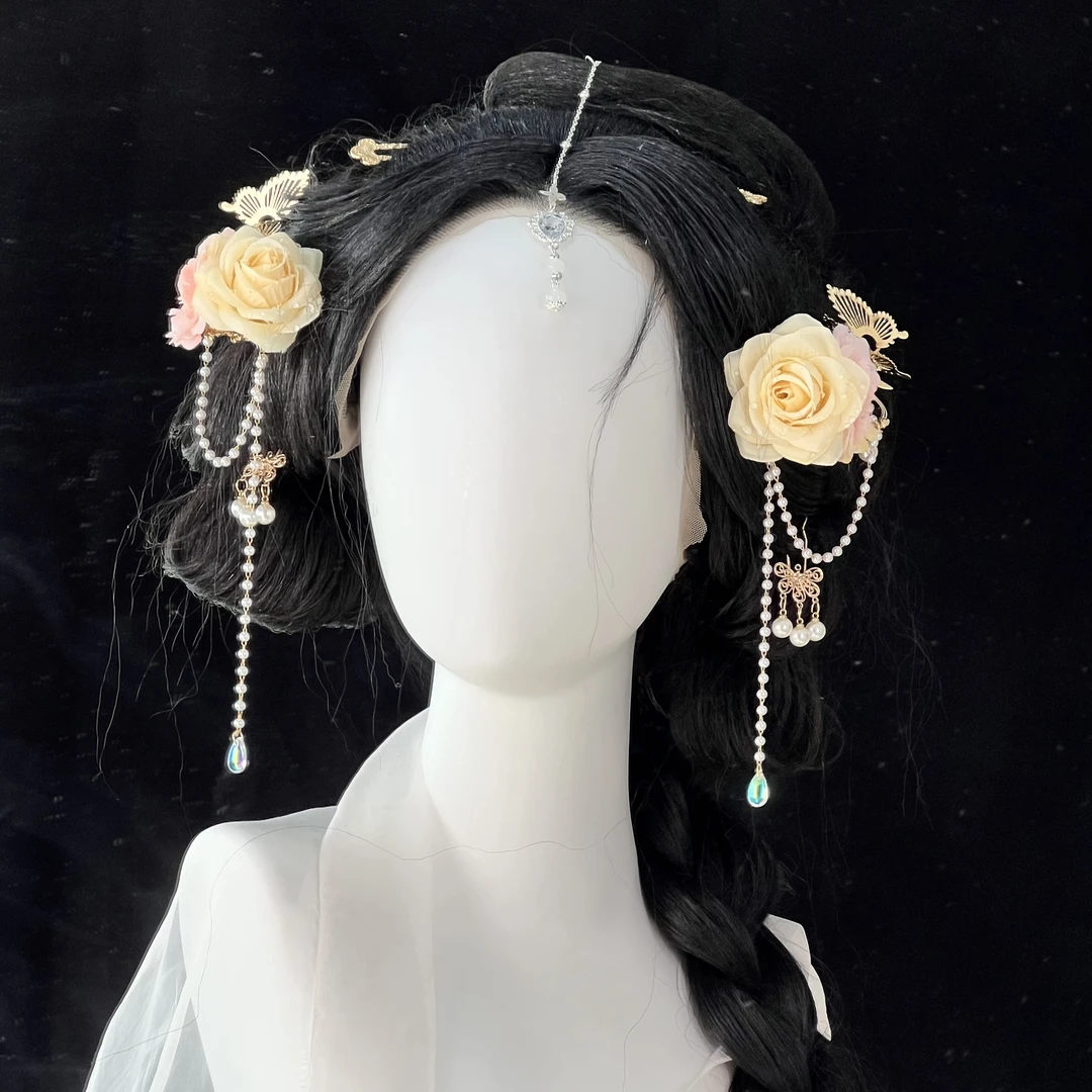 雨露春季新款黄色汉服绢花流苏发夹芙蓉头饰花朵古风发饰国风配饰