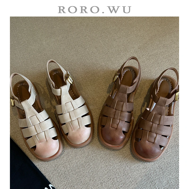 娆娆吴·牛皮复古简约日常气质百搭厚底扣带凉鞋T131