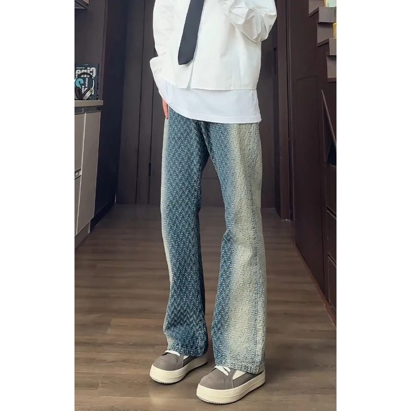 美式复古扎染编织牛仔裤男春季显瘦小众设计工装直筒微喇休闲裤