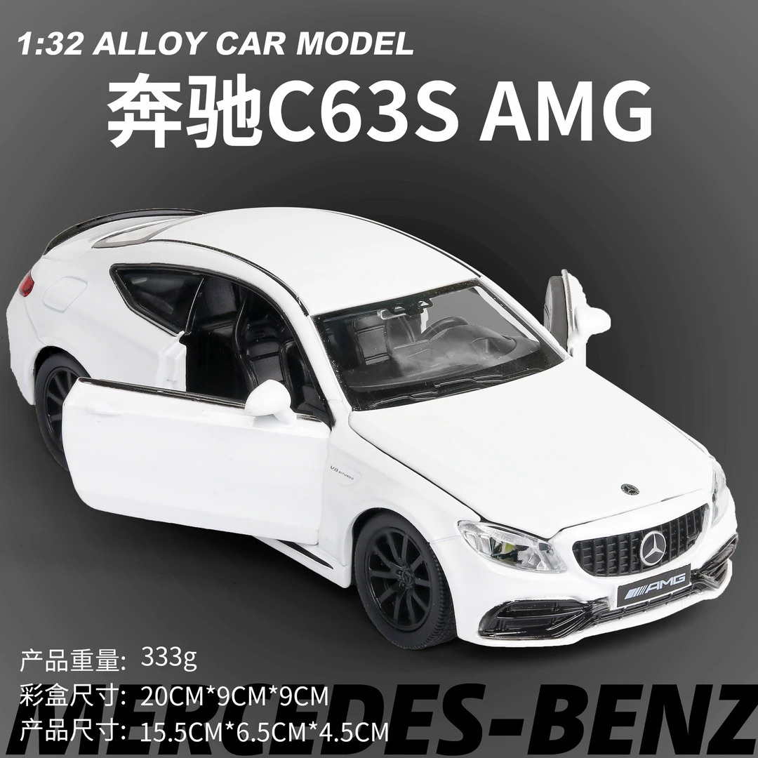 彩盒包装1比32仿真白色梅赛德斯大奔C63S合金车模带声光开门儿童