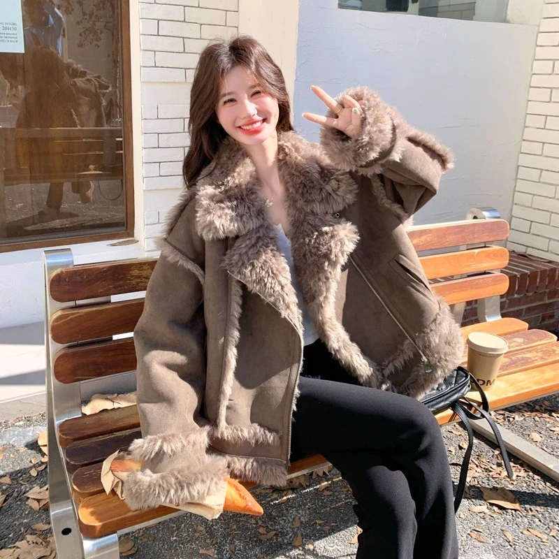 复古皮毛一体羊羔毛外套女2025冬季独特高级感加厚麂皮绒机车夹克