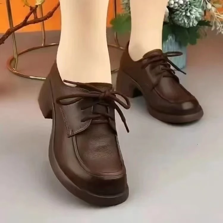 真软皮粗跟乐福鞋女春季新款英伦风小皮鞋百搭软底系带单鞋