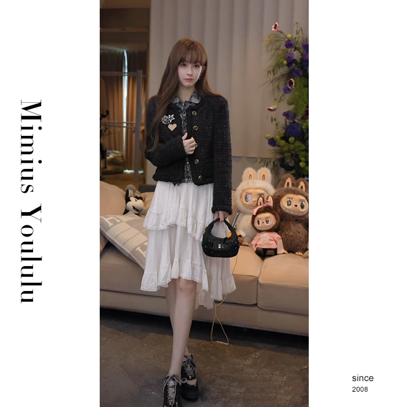 【mimius】P 明星同款高级感粗花呢外套（含胸针）+衬衫+半裙 G07340
