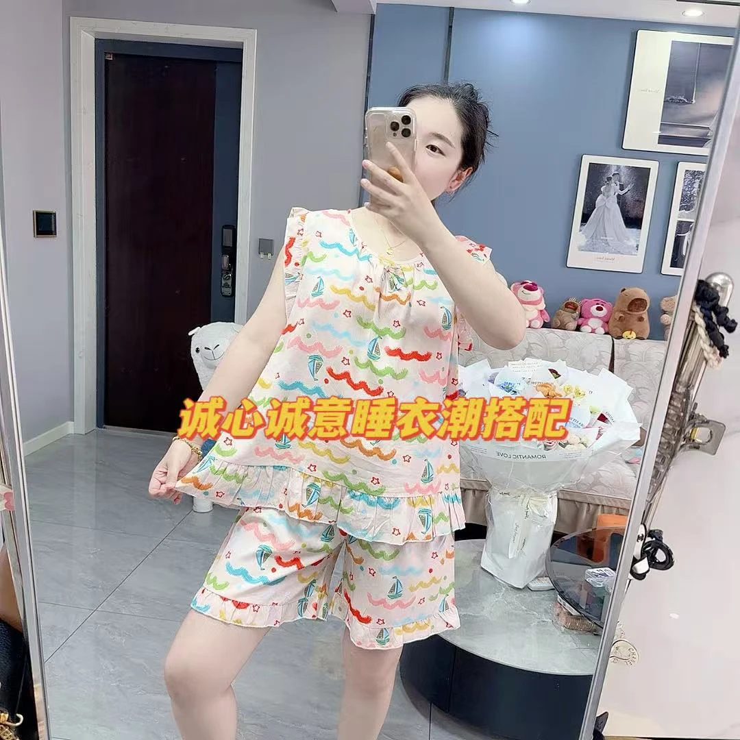 夏季休闲圆领棉布坎袖短裤宽松舒适睡衣家居服套装（略微缩水）