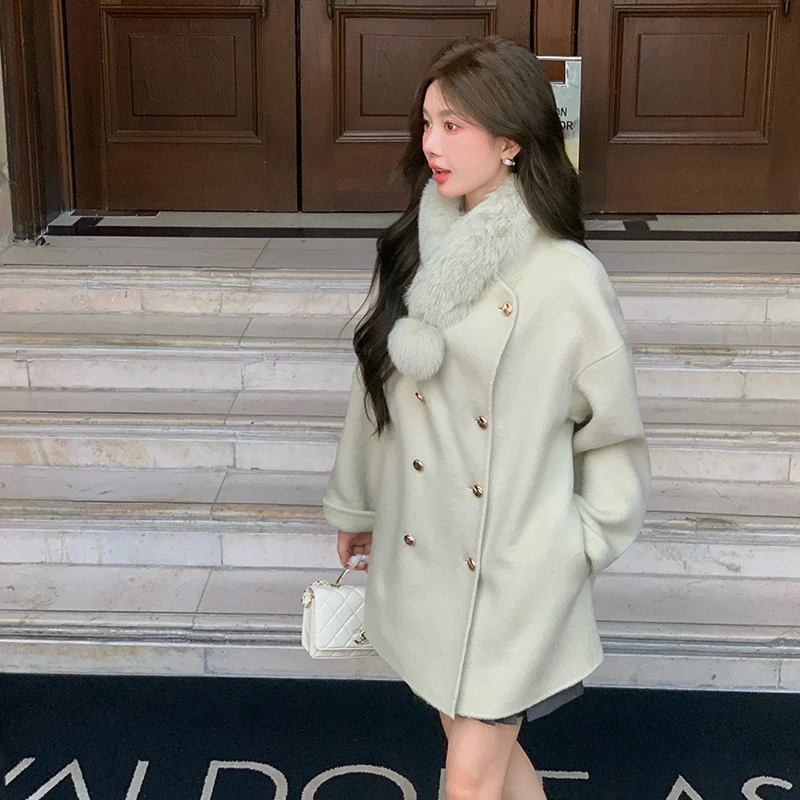 LMOMO 暮日风雪秋冬羊毛呢子外套高级感双面羊绒大衣狐狸毛S4061