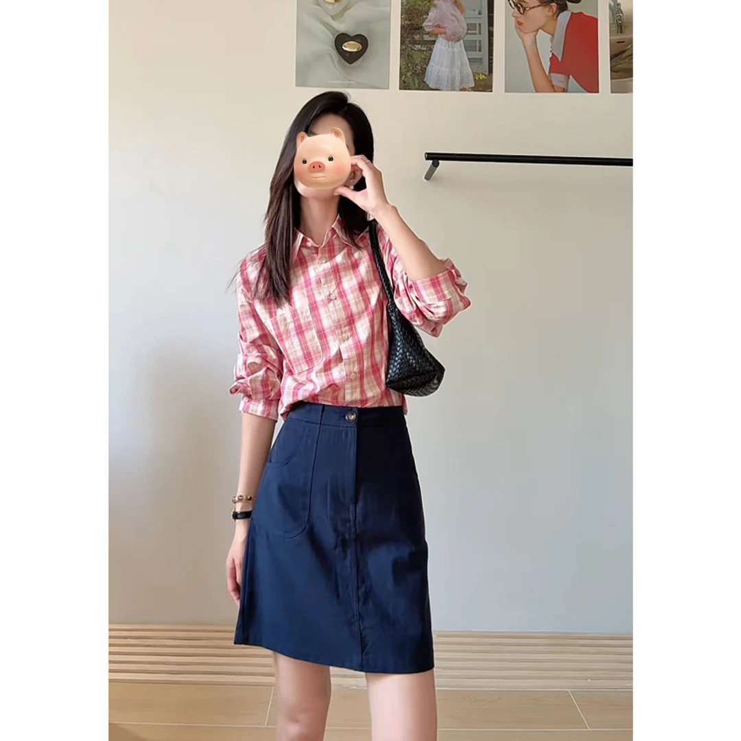 港风复古粉色格子长袖防晒衬衫女夏季设计感小众翻领衬衣百搭上衣