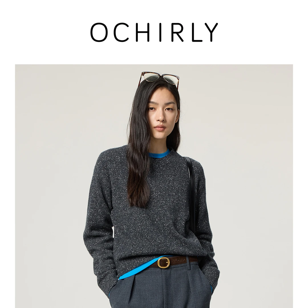 【新品】OCHIRLY欧时力 澳大利亚羊毛桑蚕丝花纱毛衣后袖拼皮25冬