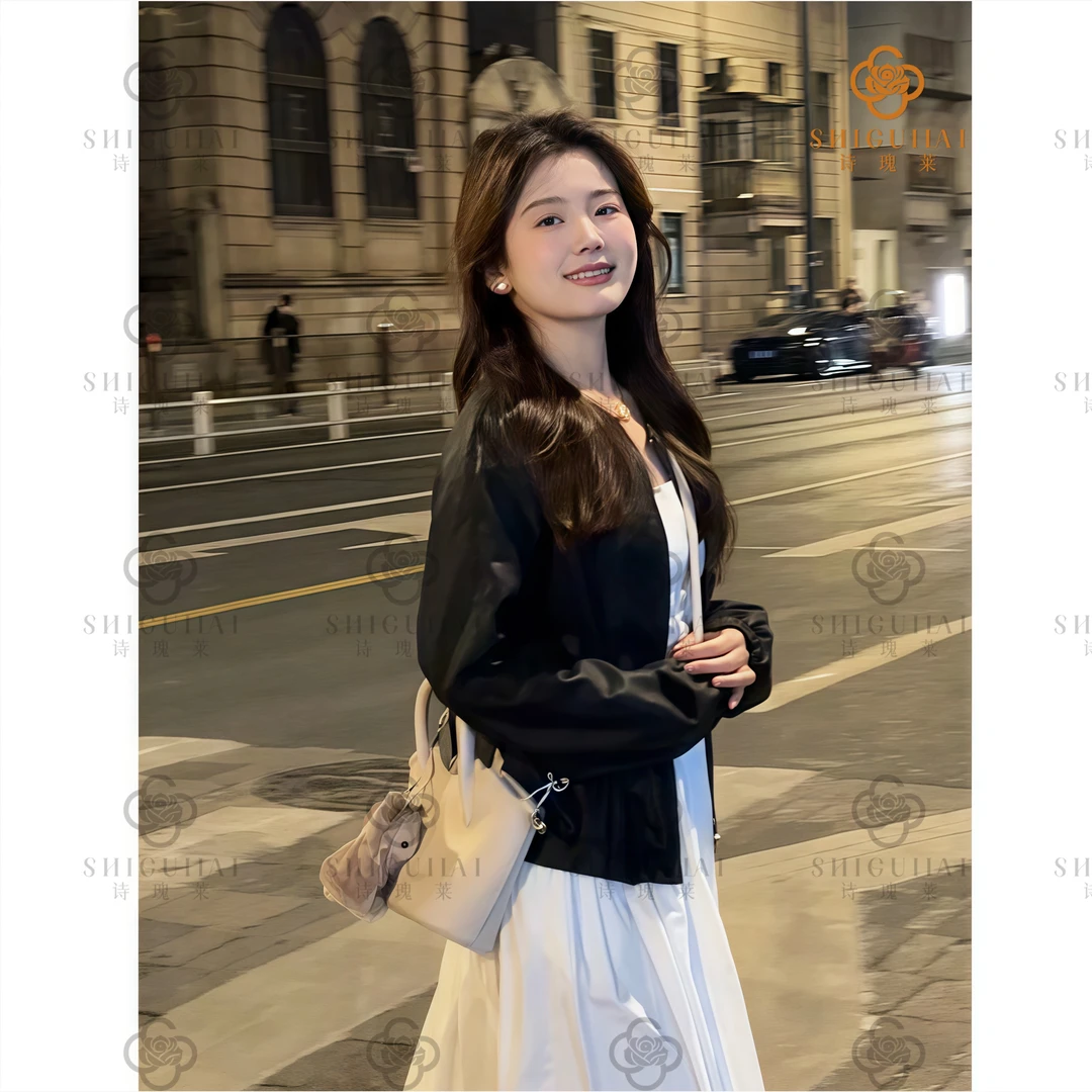 诗瑰莱显瘦韩系简约百搭压褶吊带连衣裙高级感皮衣夹克外套A011