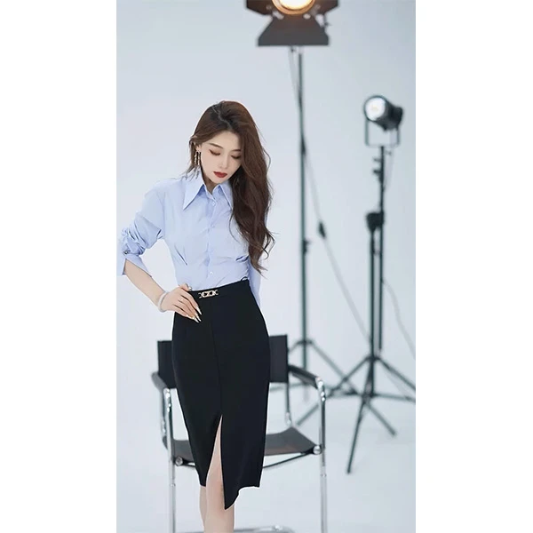 欧货设计感气质干练轻熟风收腰显瘦长袖衬衫时尚百搭修身通勤上衣