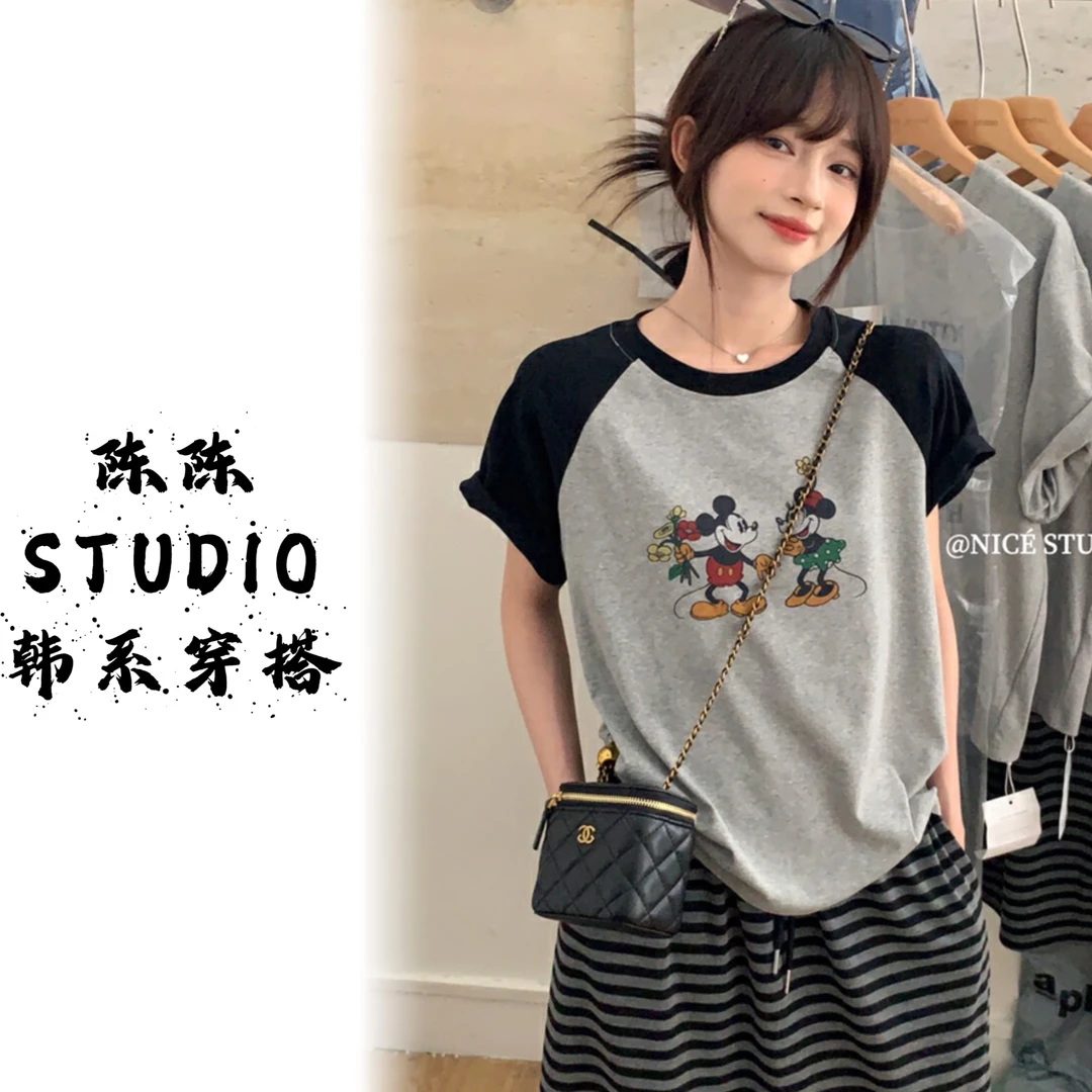插肩袖米奇卡通动漫短袖常规款T恤显瘦韩系休闲时尚潮流短袖