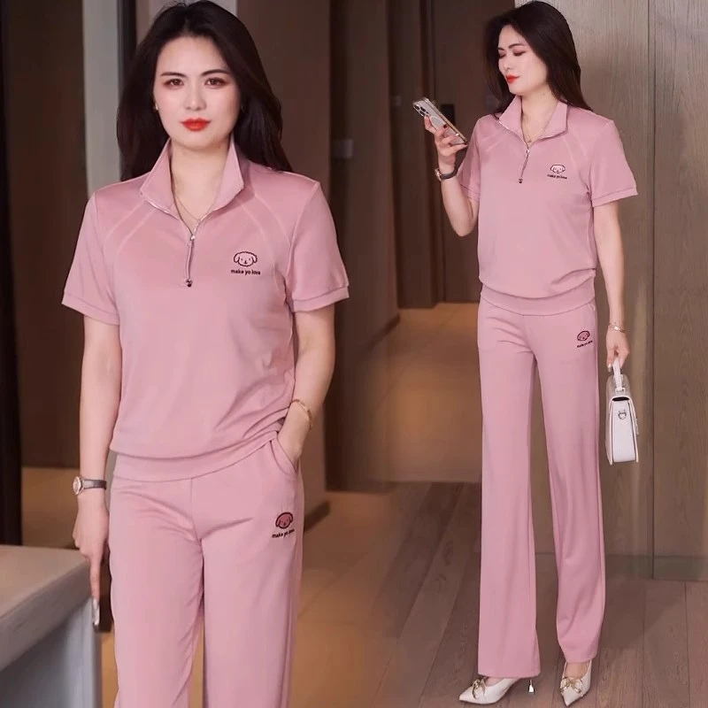 时尚休闲运动套装女2025夏季新款洋气质减龄立领短袖阔腿裤两件套