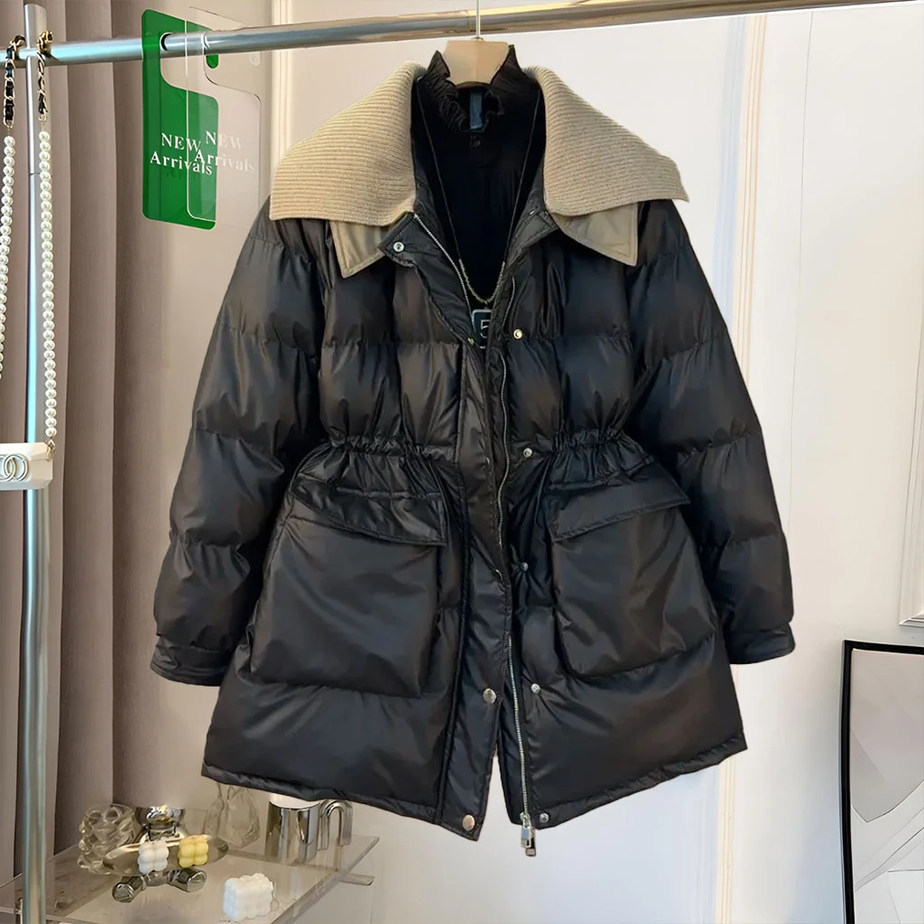 加大码300斤针织翻领保暖棉服女2025秋冬新款高级感收腰棉衣外套