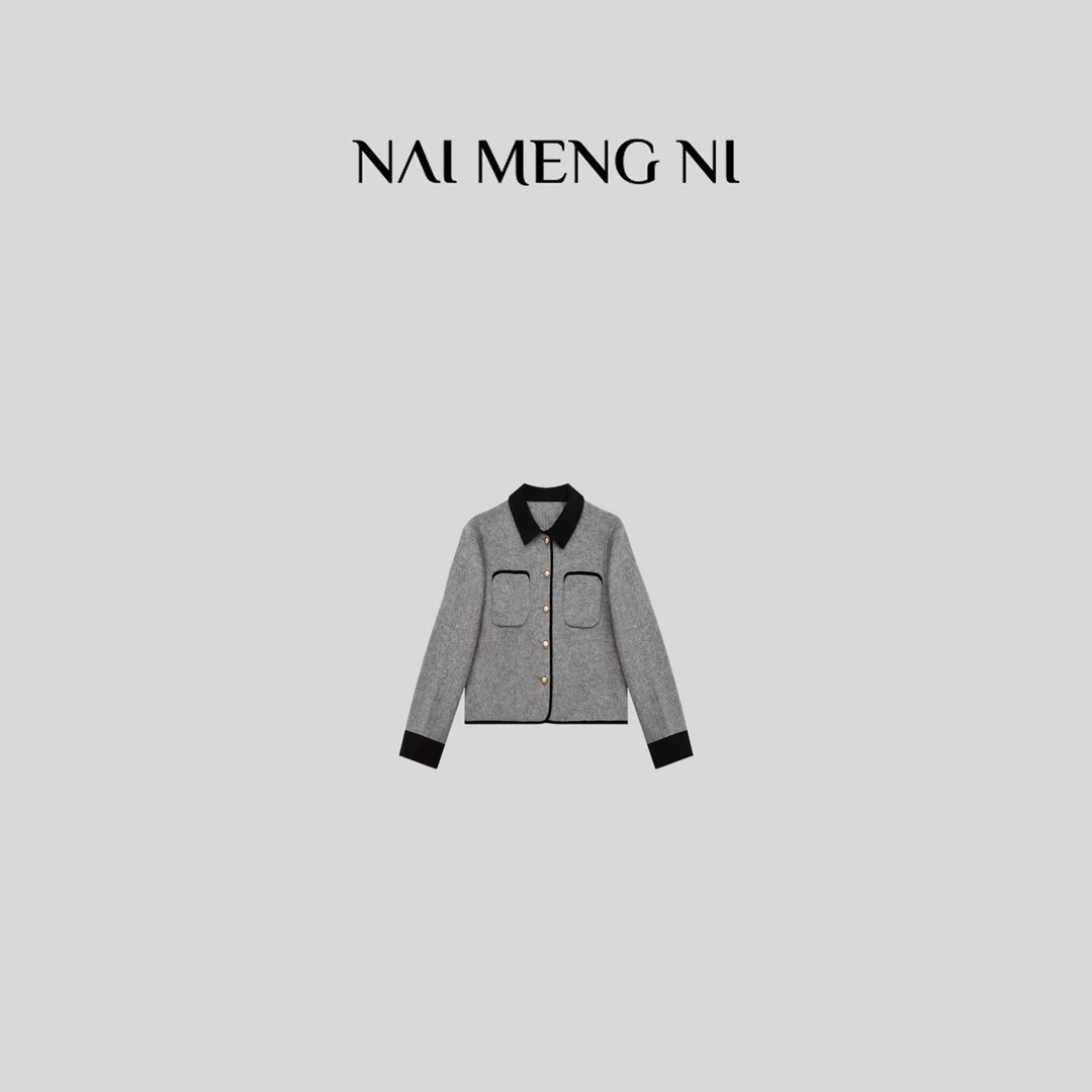 二姐定制翻领长袖印花针织宽松型毛呢外套设计师小香风26N44238