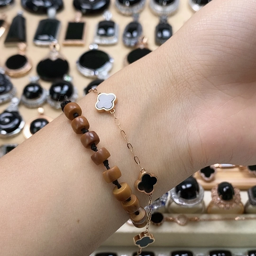 翡翠手链18K金镶嵌天然翡翠墨翠