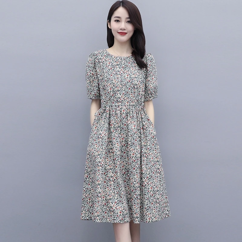春夏季纯棉碎花裙子女遮肚子高档洋气减龄妈妈韩系气质连衣裙度假