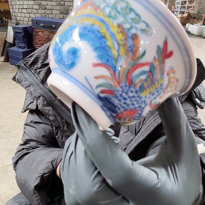 摆件景德镇高温陶瓷红希凤凰压手杯