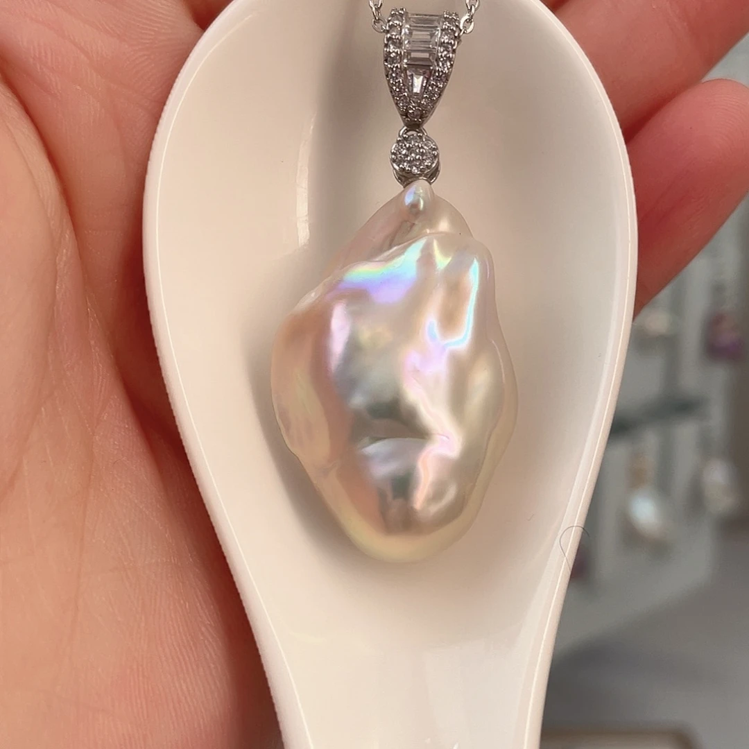 淡水珍珠天然珍珠巴洛克银S925镶嵌月*