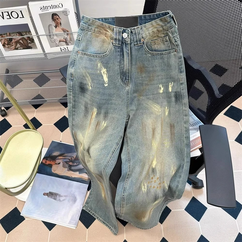 美式高街复古牛仔裤男女春秋季设计感涂鸦潮牌痞帅宽松直筒阔腿裤