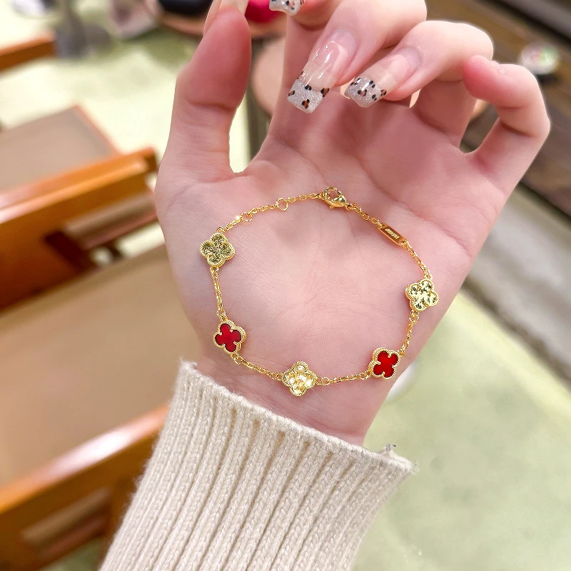 合金手链 碎冰冰红四叶草手链女999金色手串红色