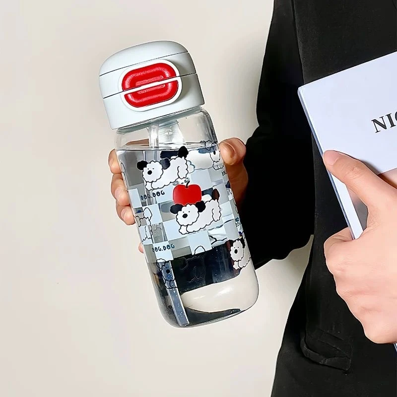 可爱小狗韩版玻璃杯ins加厚大容量耐高温户外便携提绳吸管双饮杯