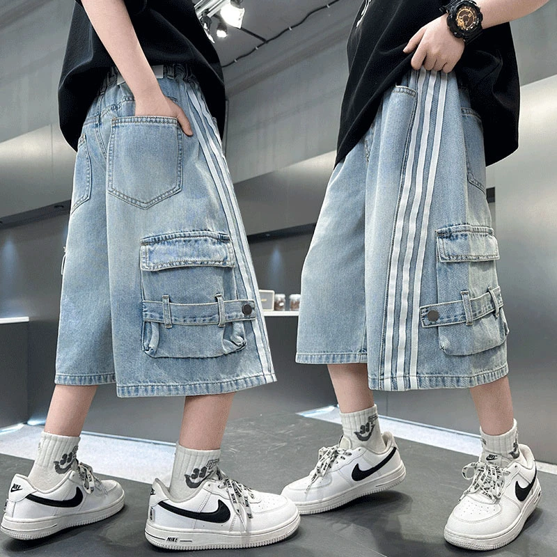 织带条纹牛仔短裤男夏季薄款宽松直筒中裤潮牌美式水洗外穿五分裤