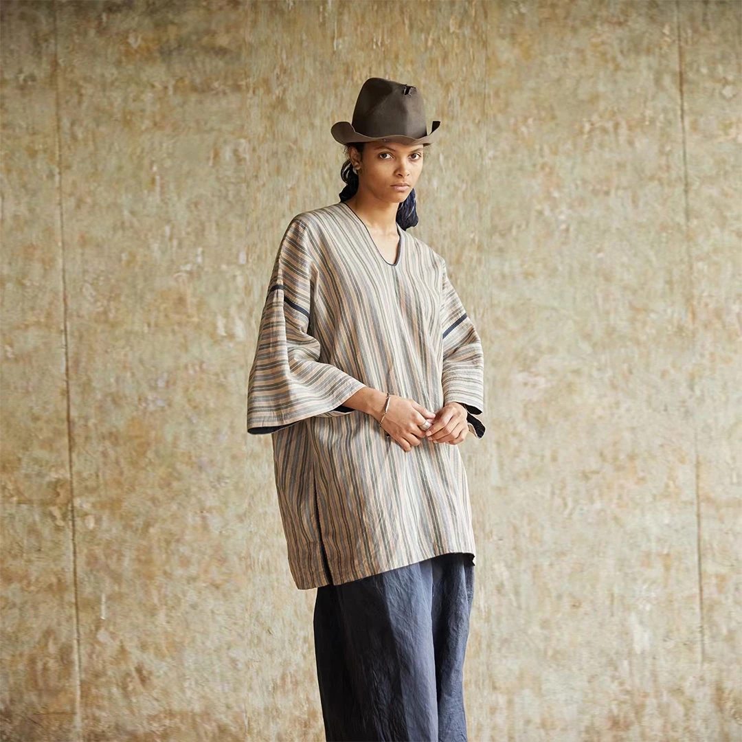 左岸迷香 Z25SS1003 布衣分享原创春夏植物染复古棉麻V领套头上衣