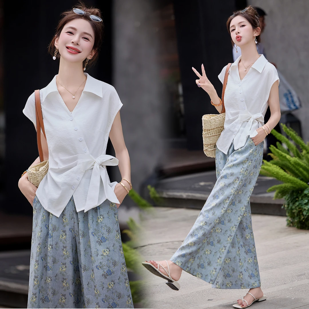2025夏季洋气减龄套装时尚减龄小衫上衣碎花高腰阔腿裤两件套