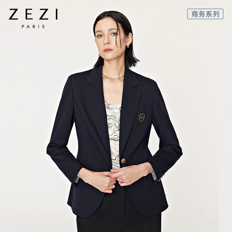 ZEZI羊毛外套女美丽诺针织贴袋西装印度丝Z11B009J