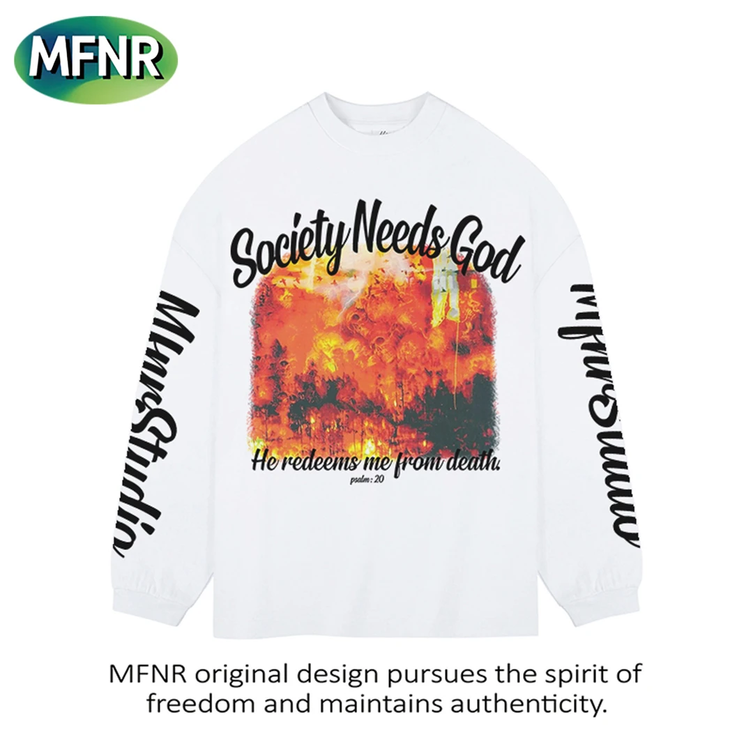 美式潮牌火焰字母印花长袖T恤男秋冬新款宽松圆领纯棉情侣上衣潮