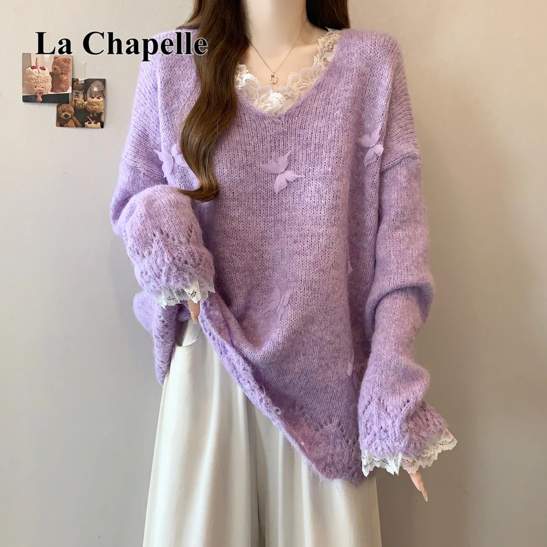 拉夏贝尔大码韩系V领蕾丝蝴蝶针织紫色毛衣秋时尚洋气甜美上衣女