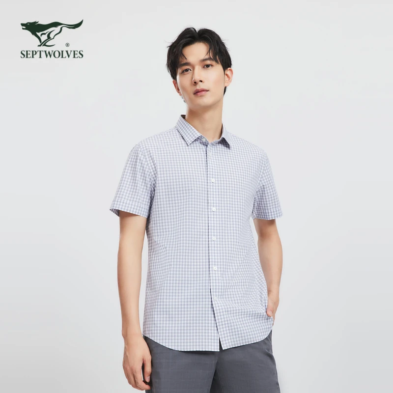 【100%棉】七匹狼男装柔软亲肤通勤百搭朝阳格翻领短袖衬衫休闲上衣