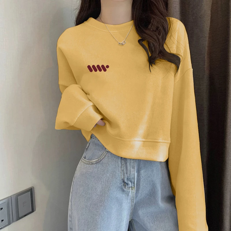 圆领套头短款卫衣女加绒加厚秋冬长袖上衣高腰显瘦小个子春秋薄款