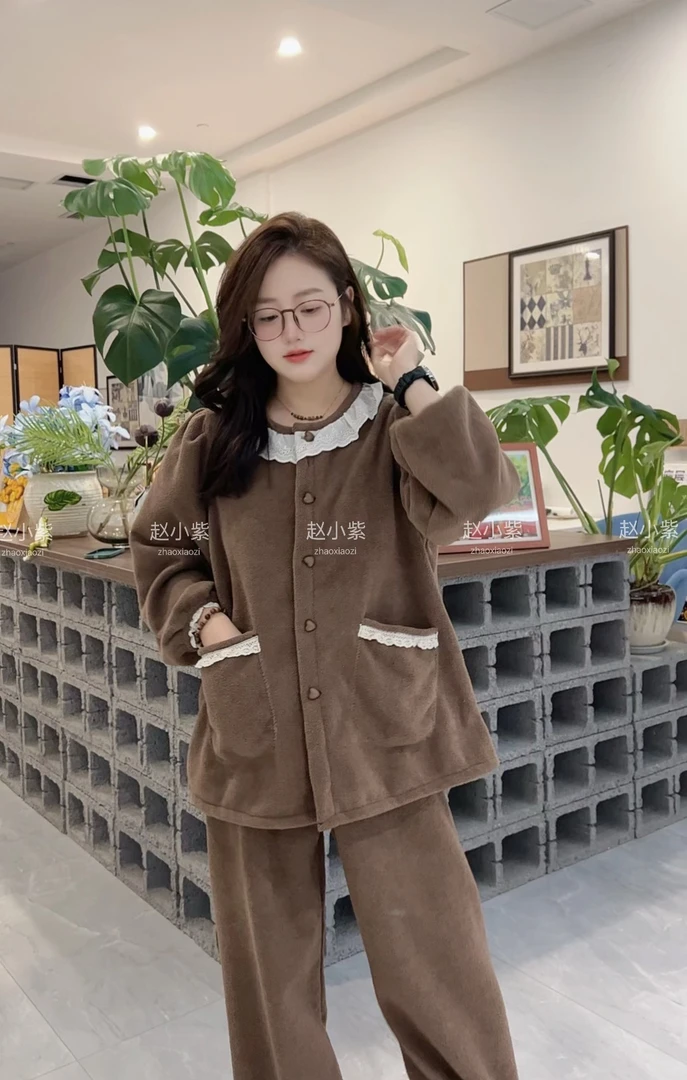 秋季2025新款杨梅绒保暖长袖睡衣女款加绒家居服套装休闲可外穿