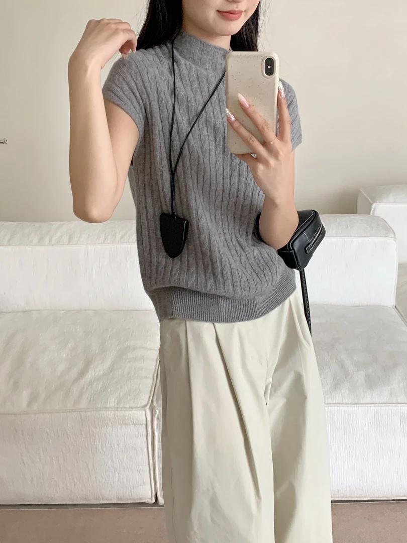 【玥玥家】【不可机洗】100%纯羊毛-半高领无袖落肩袖针织衫