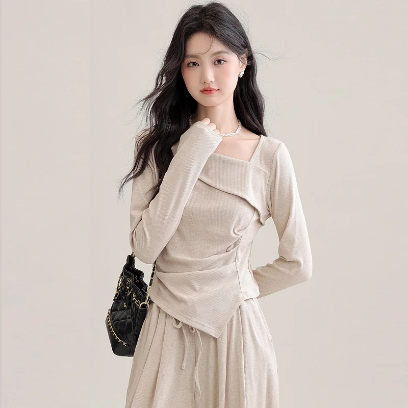 2025不规则长袖气质套装新款休闲上衣阔腿裤两件两件套