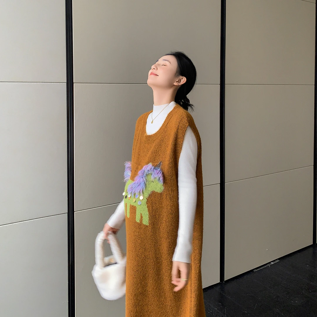 ZMA孕妇装【亮片小马焦糖色套装】多巴胺连衣裙套装冬季针织打底衫