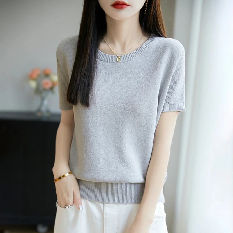 夏季针织短袖T恤简约百搭显瘦圆领短袖气质薄款韩版纯色圆领T恤