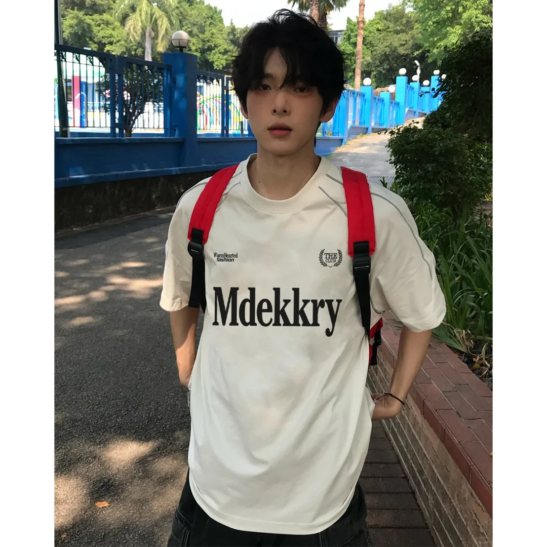 100%纯棉美式潮牌麦穗字母印花拼接短袖T恤男女夏季情侣休闲上衣