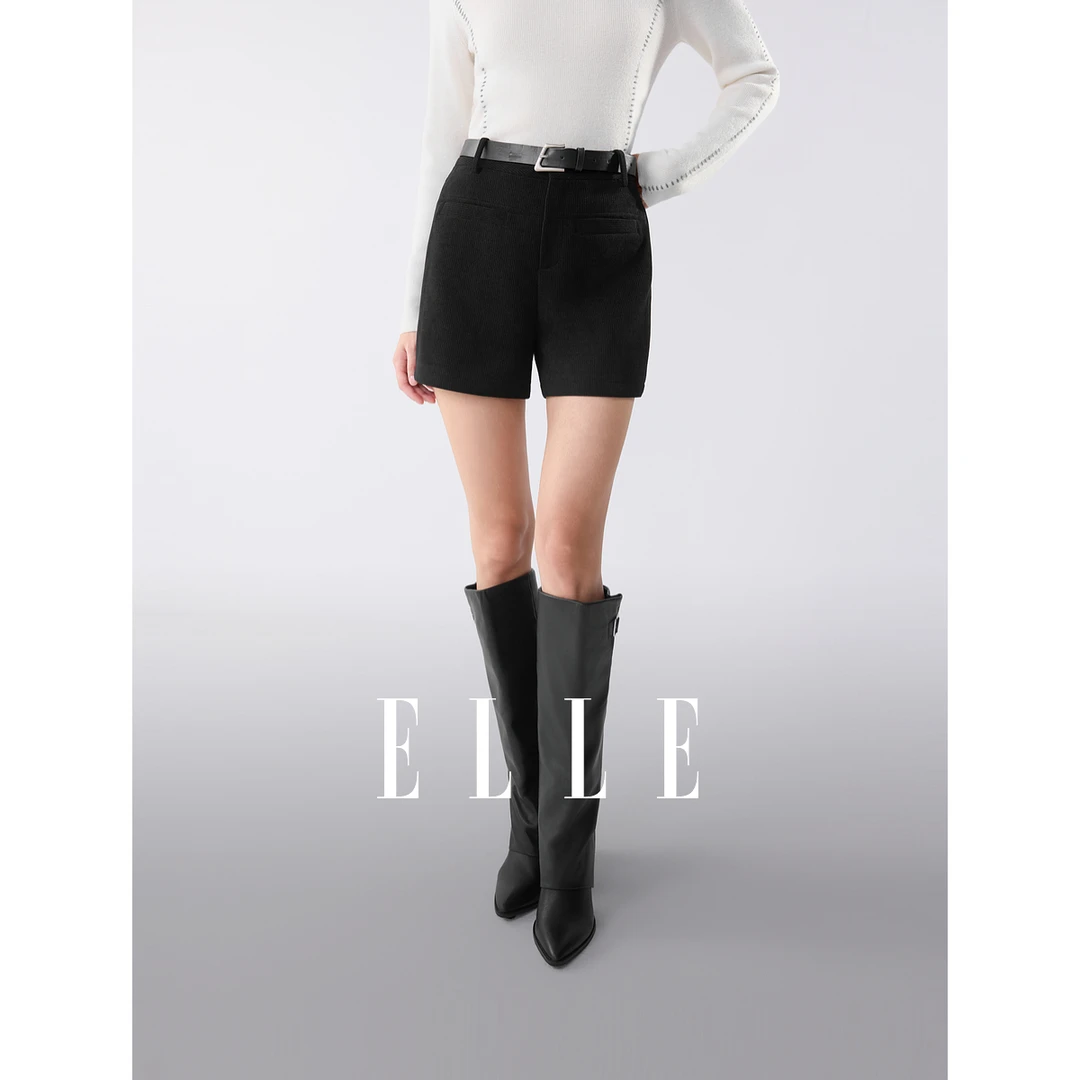 ELLE女装灯芯绒休闲短裤2025冬季新款腰带通勤显瘦直筒裤EK53006