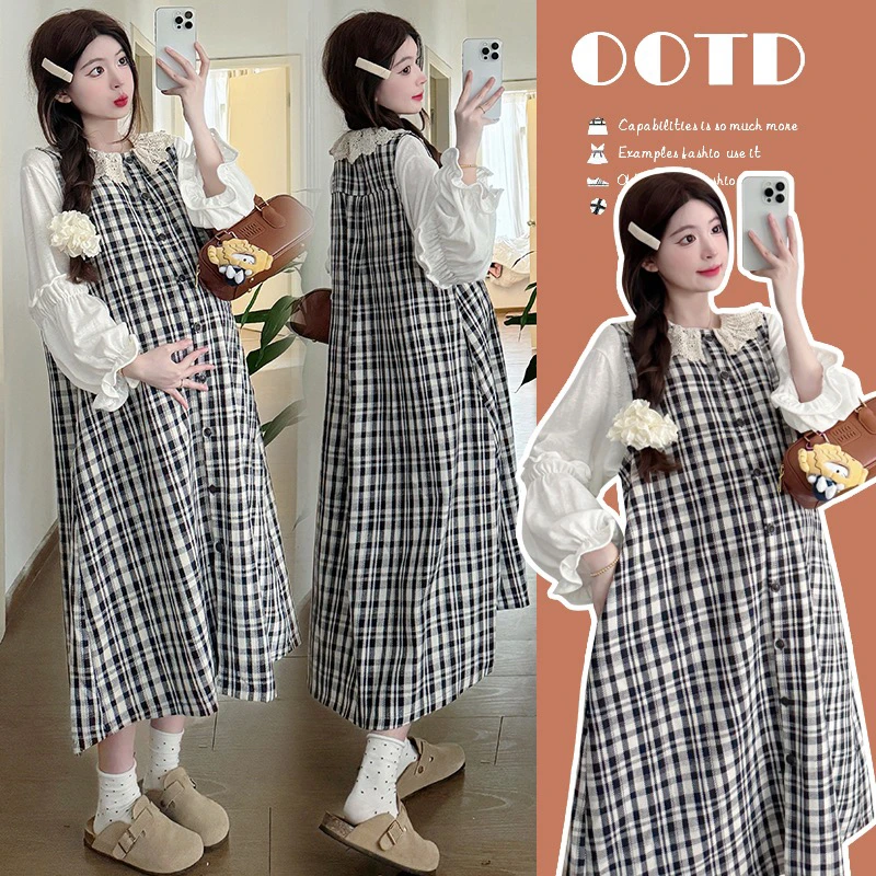 ［ 糕糕 ］孕妇装2025新款春装格子娃娃领背心裙+泡泡袖打底衫套装