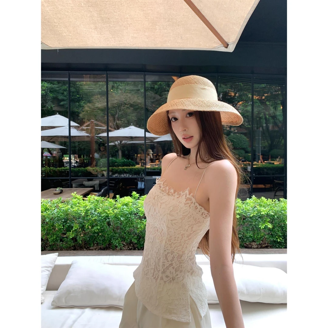 纯欲风蕾丝吊带上衣夏季气质修身内搭度假露背性感无袖开叉背心女