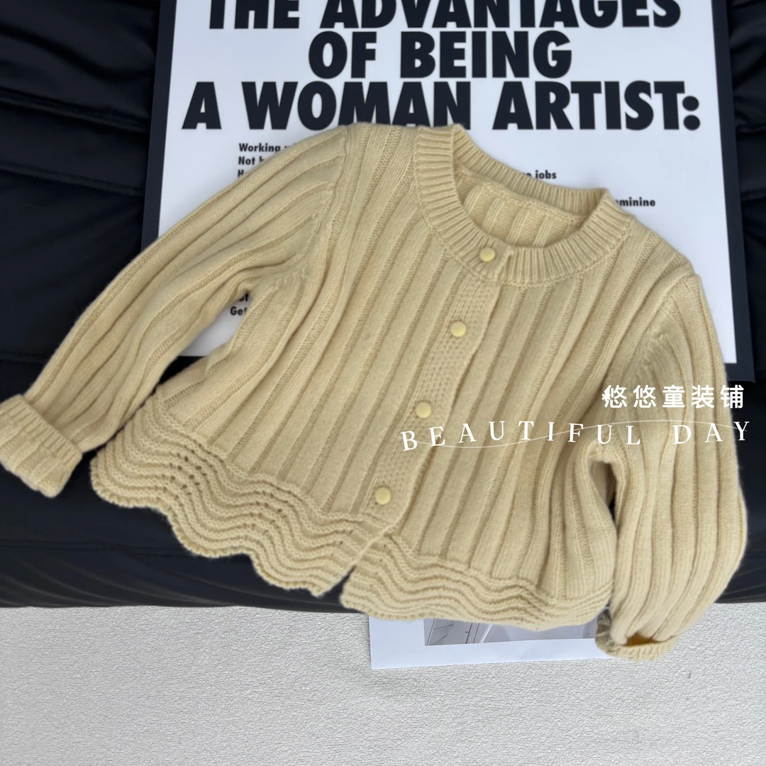 女童秋季新款针织开衫洋气女宝宝圆领荷叶边韩版针织毛衣