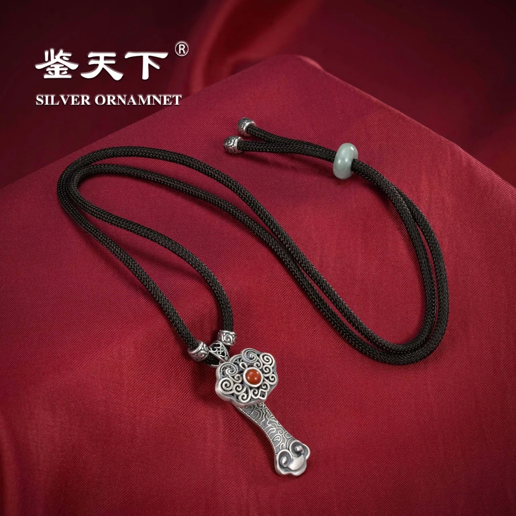 吊坠925银 复古祥云如意镂空挂绳项链05700187