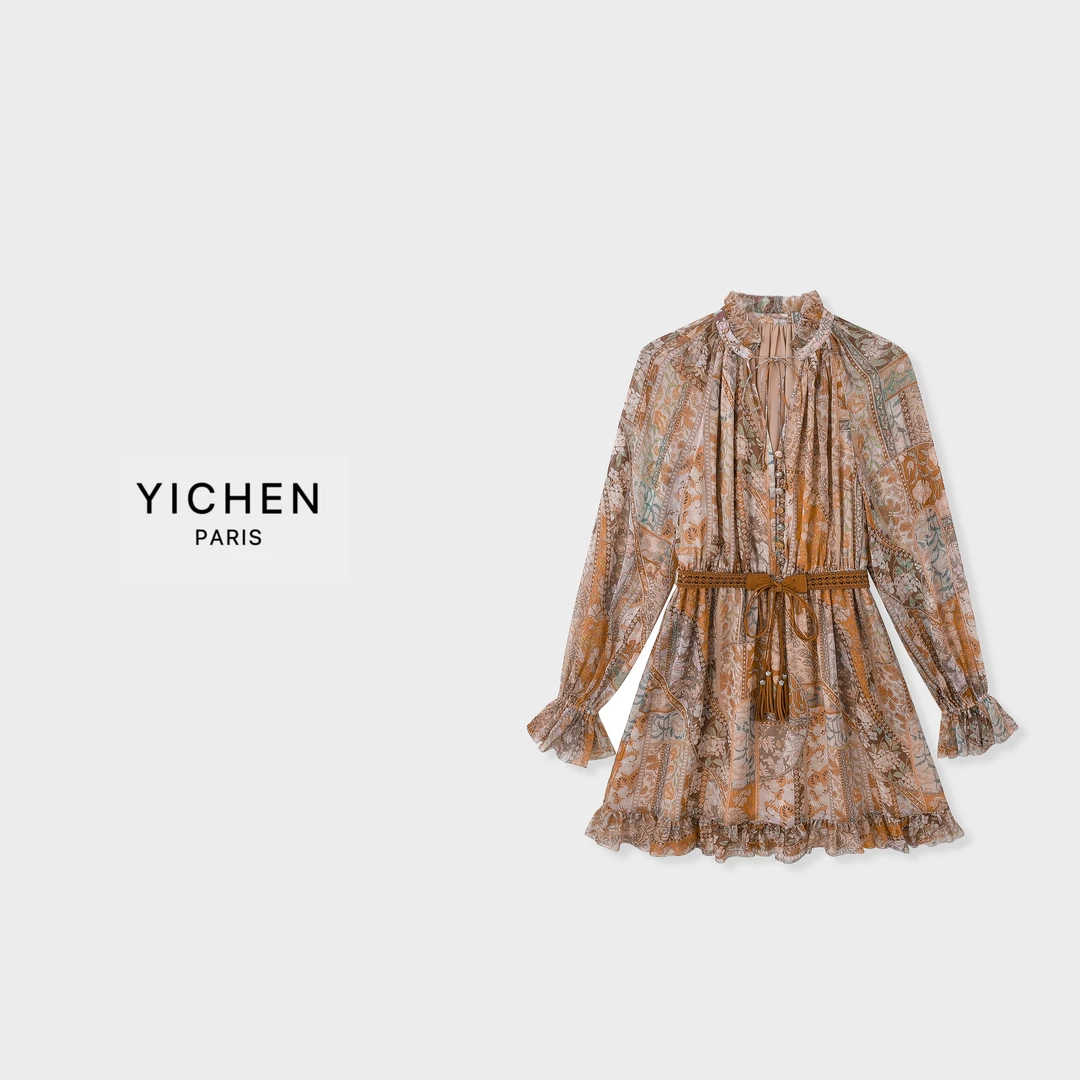 YC 复古罗马印花流苏腰带收腰长袖花边气质时尚夏季连衣裙-1531